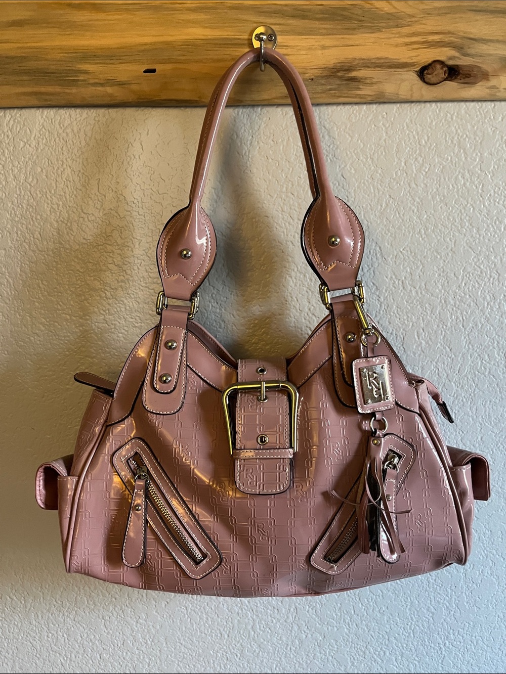 Vintage-Style Y2K Pink Paten Faux Leather Shoulder Tote Bag with Buckle Accent